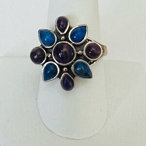 Flower design Blue and Purple Gemstone Ring size 9.5 stamped .925
